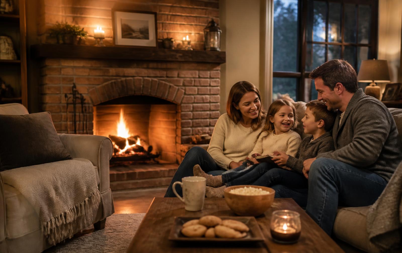 Family relaxing beside a clean, safely burning brick fireplace